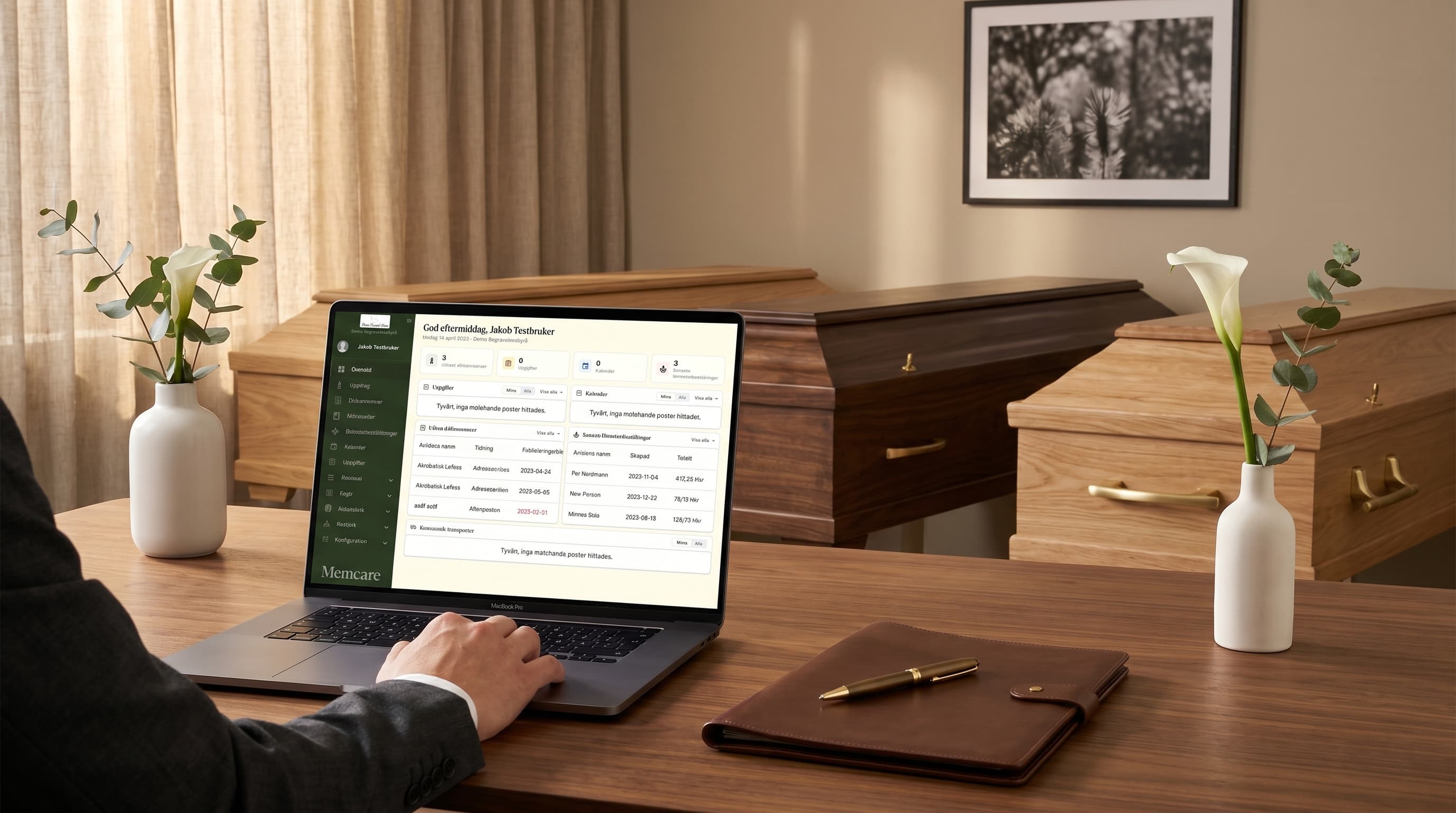 Memcare Flow dashboard showing task management, calendar, and order overview